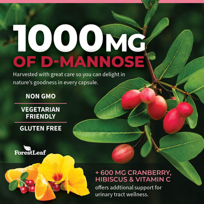 ForestLeaf D Mannose Supplements for Women & Men - D-Mannose 1000mg Capsules with Cranberry, Hibiscus & VIT C - DMannose Pills for UTI, Urinary Tract & Bladder Support - 120 Caps