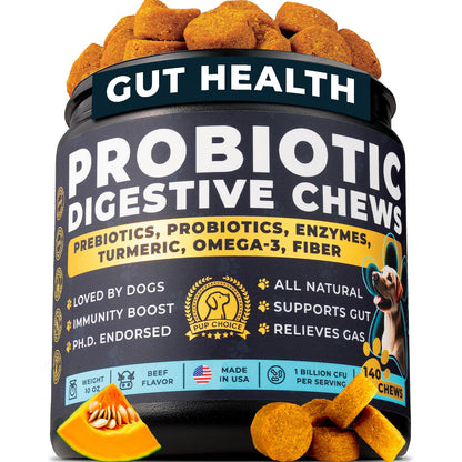 Probiotics for Dogs - PhD Endorsed Digestive Enzymes - Gut Health, Diarrhea & Bowel Support - Dog Treats with Turmeric, Omega-3 & Fiber - Immune Soft 140 Chews - Beef Flavor - Made in USA