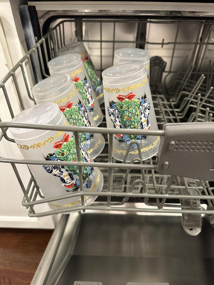 Marye-Kelley Staffordshire Dogs with Santa Hats and Christmas Tree Shatterproof 20 Oz Frosted Cups - Set of 6 Cups - BPA Free - Made in the USA Dishwasher Safe