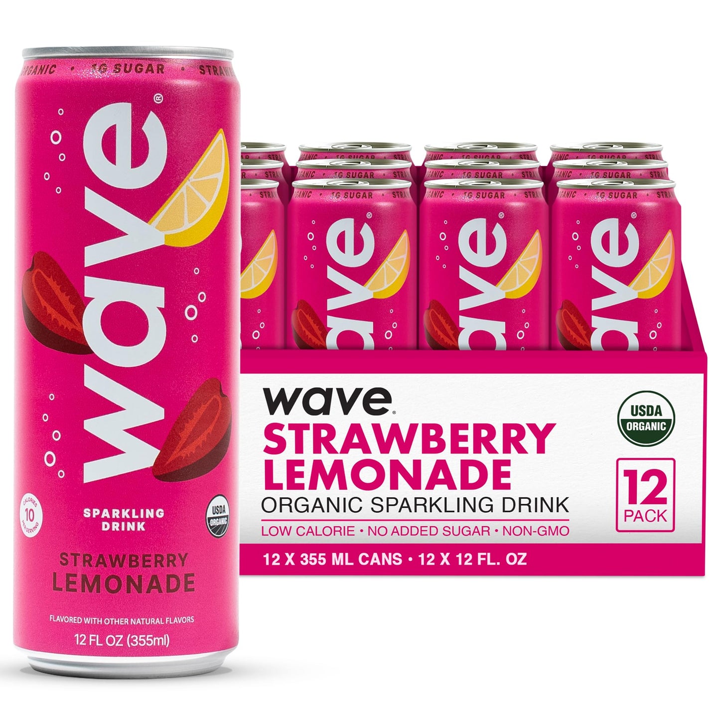 WAVE Organic Sparkling Drink | Low Calorie Drink, Strawberry Lemonade Lightly Carbonated | Great Natural Soda Alternative | USA Made Kosher No Added Sugar, Color, & Artificial Ingredients |12 Pack