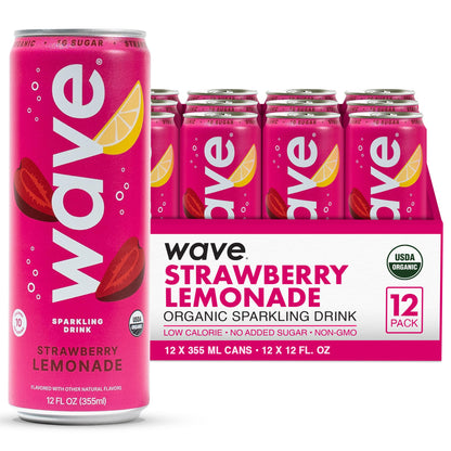 WAVE Organic Sparkling Drink | Low Calorie Drink, Strawberry Lemonade Lightly Carbonated | Great Natural Soda Alternative | USA Made Kosher No Added Sugar, Color, & Artificial Ingredients |12 Pack