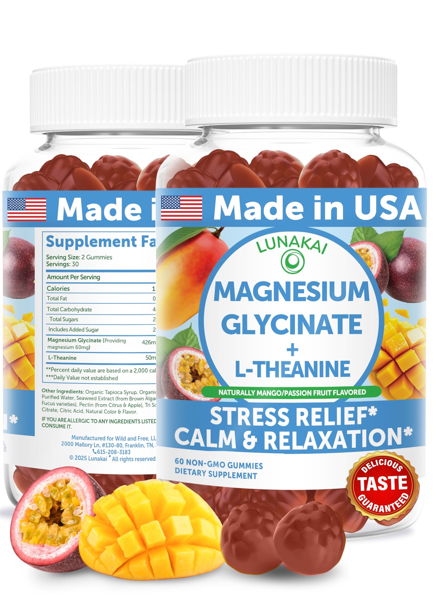 Lunakai USA Made Magnesium Glycinate Gummies with L-Theanine for Kids & Adults – 420mg Magnesium Supplement for Calm, Sleep & Stress Support, 60ct
