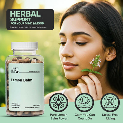 Just Plant Lemon Balm, 750 mg, 90 Vegan Capsules, Calming Herbal Support for Stress Relief, Calm Mood & Focus, Gluten-Free, GMP Certified