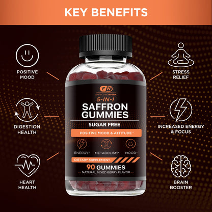 EFFECTIVE NUTRA Saffron Gummies | Sugar-Free Supplement with Vitamin D2, Passion Flower, St. John’s Wort & GABA | Positive Mood, Digestion, Energy | Natural Berry Flavor, Made in USA (90 Count)