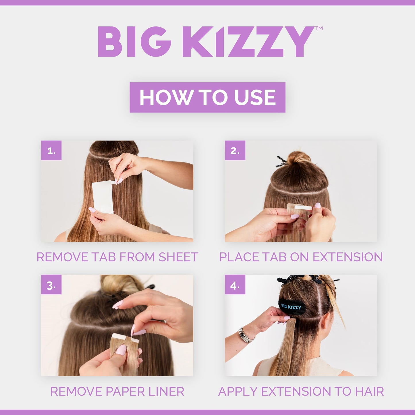 Big Kizzy Extra Hold Double Sided Hair Extension Tape - 144 tabs replacement tape - Strong hold of 6-8+ weeks - Made in USA