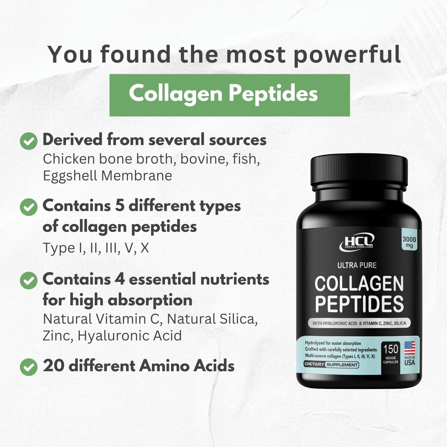 Collagen Peptides Powder with Vitamin C & Hyaluronic Acid - Organic Cleanest Sources & Super High Absorption - Hydrolyzed Multi Type I, II, III, V, X - Skin Hair Supplement (capsules)