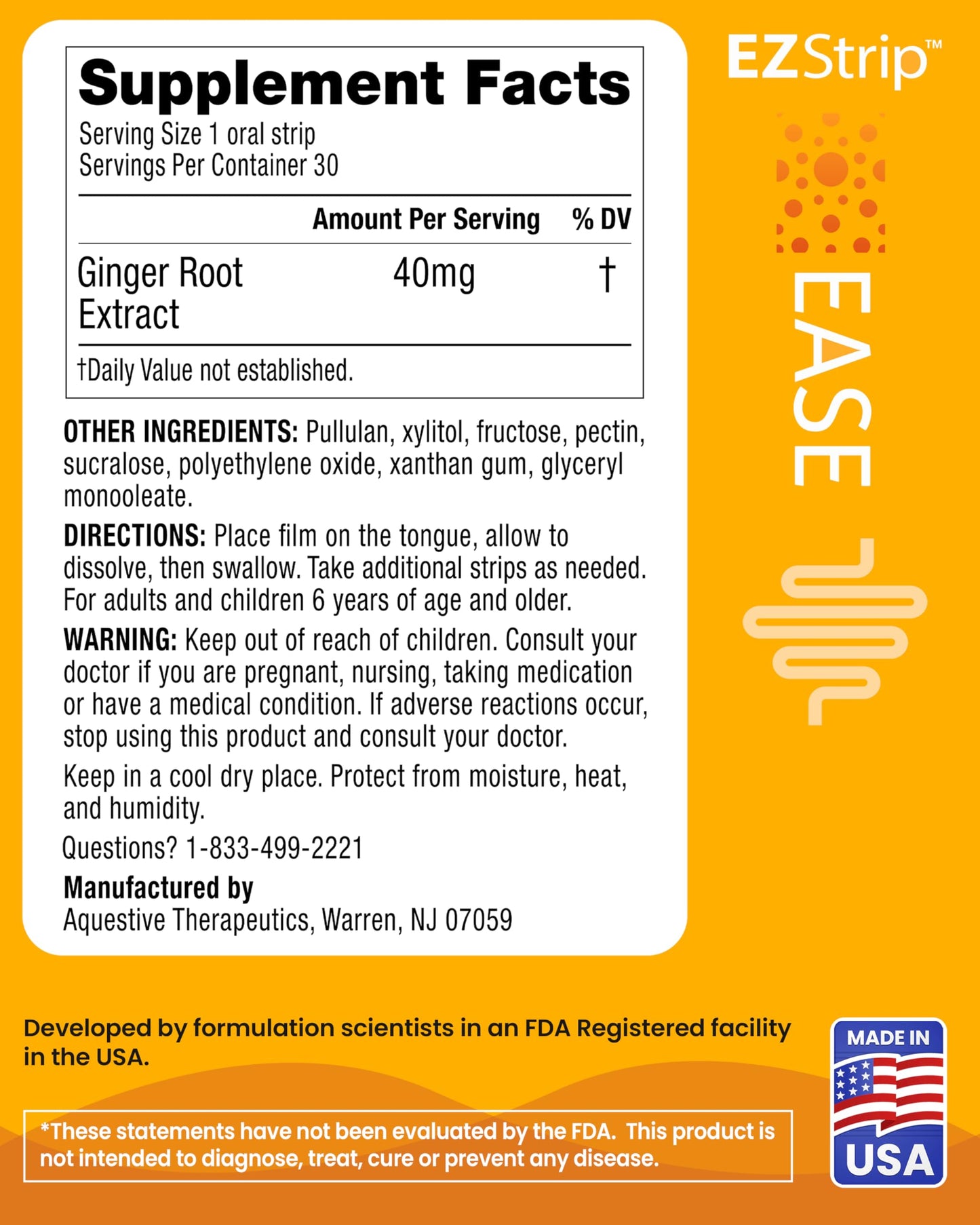 EZStrip Ease Supplement - Ginger Flavor, 30 Count - Dissolving Strips with Ginger Root Help Support Nausea Relief, Morning and Motion Sickness, and Digestion - Made in The USA, Sugar and Gluten-Free