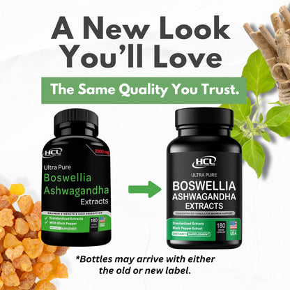 Boswellia Extract and Organic Ashwagandha Capsules 2000 mg - Strong Natural Support Pills 3 Month Supply - Consentrated Boswellia Serrata 65% Boswellic Acid with Ashwagandha Powder Supplement