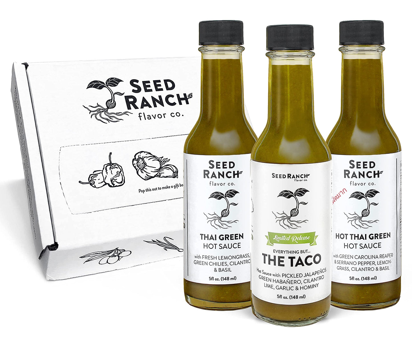 Seed Ranch Green Sauce Variety Bundle, 3 Pack - Thai Green, Hot Thai Green, Everything But The Taco - Ranging from Mild to Hot Heat, Organic Gourmet Hot Sauces, Vegan, Non-GMO, Gluten-Free