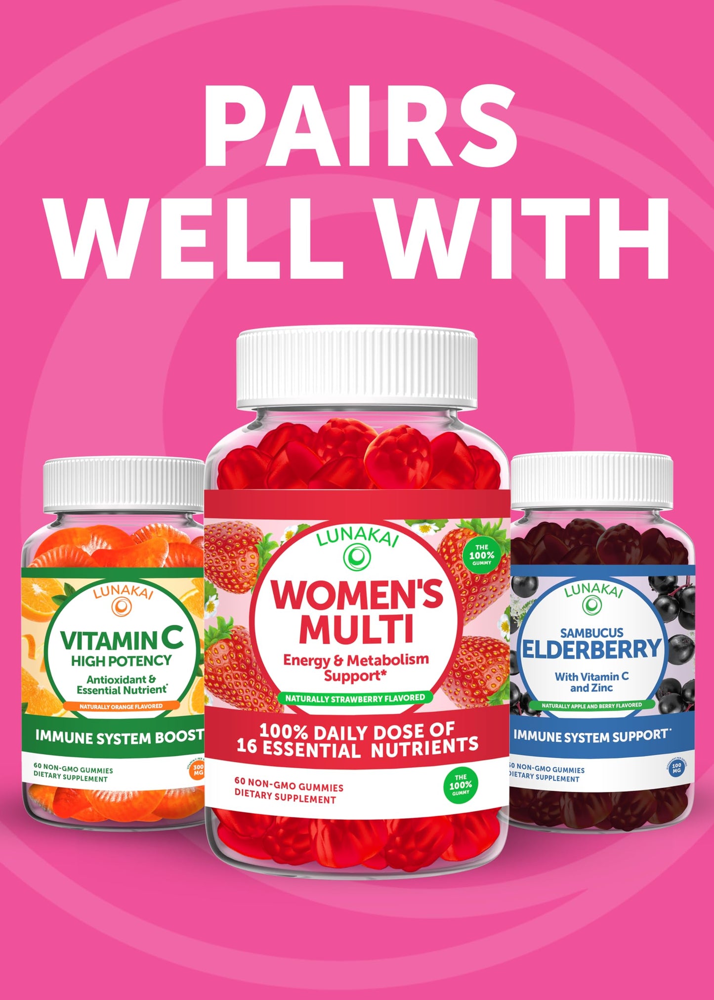 Lunakai USA Made Prebiotic + Probiotic Gummies for Women and Men - High Potency 5 Billion CFUs with Fibers - Non-GMO Gut Health Support 60ct