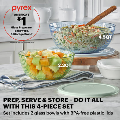 Pyrex Colors (2-Pack) Sculpted Tinted Medium/Large Glass Mixing Bowls With Lids, Nesting Space Saving Set of Bowls For Prepping and Baking, 2.3QT & 4.5QT