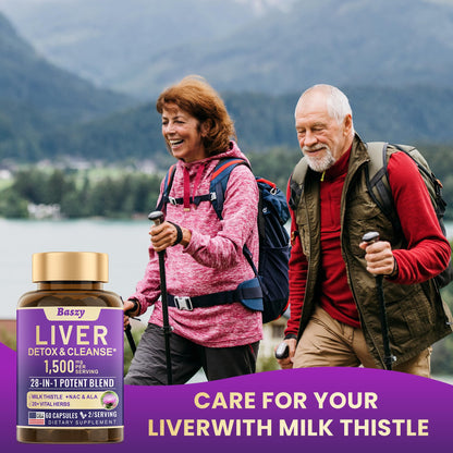 Baszy 28-in-1 Liver Cleanse Detox & Repair - 1500mg Liver Health Support with Milk Thistle, Dandelion Root, Artichoke Extract, and 20+ Herbal Liver Support Supplements - Made in USA - 60 Capsules
