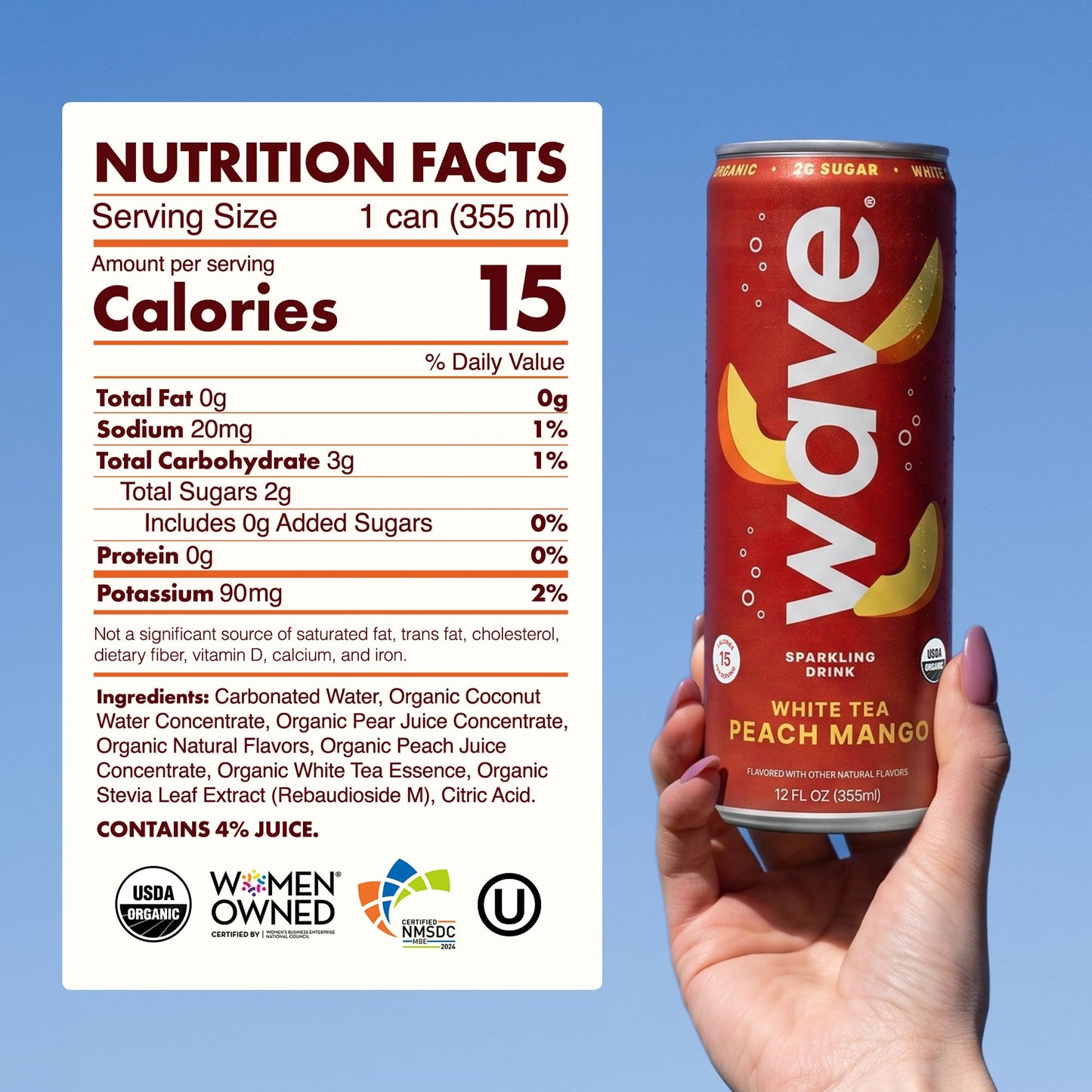 WAVE Organic Sparkling Drink | Low Calorie Drink, Peach Mango Lightly Carbonated | Great Natural Soda Alternative | USA Made Kosher No Added Sugar, Color, & Artificial Ingredients |12 Pack