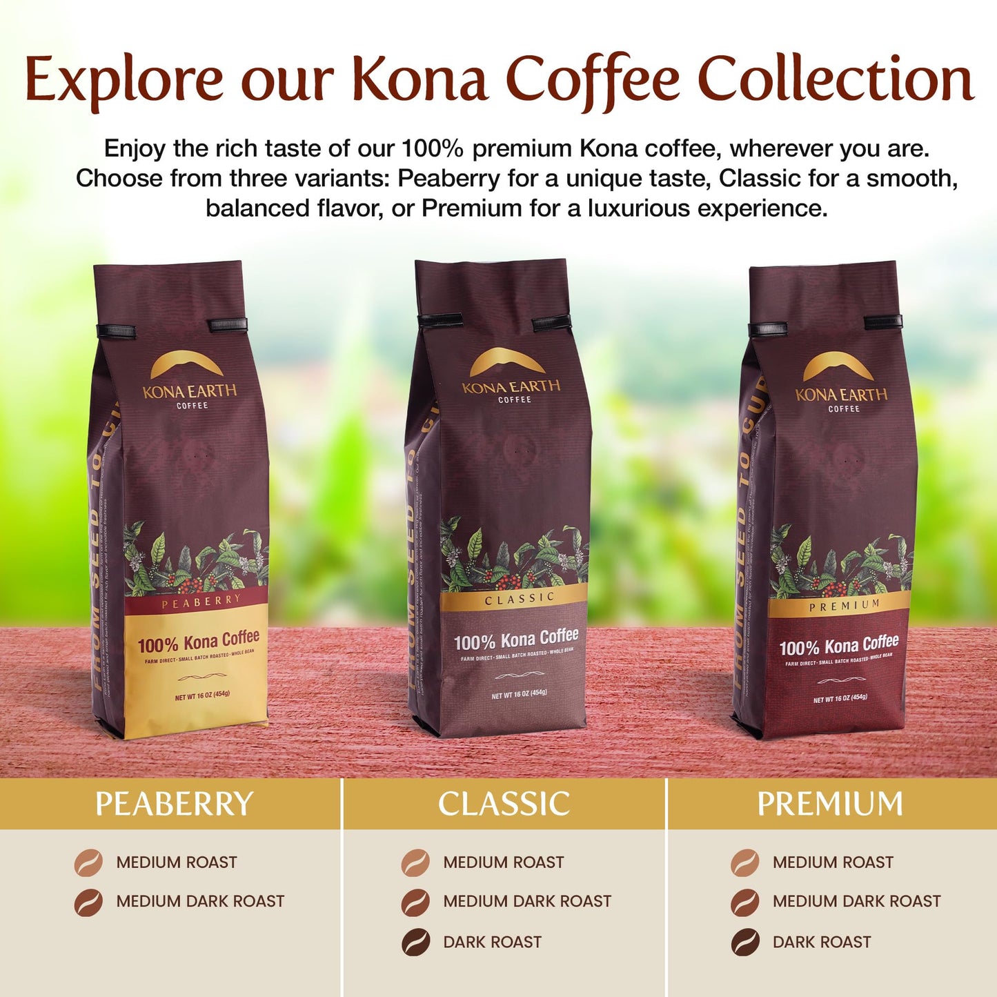 KONA EARTH - Peaberry, 100% Kona Coffee Beans, Whole Farm-Fresh Medium Roast Coffee Beans, Micro-Batch-Roasted, 1 lb., Pack of 1