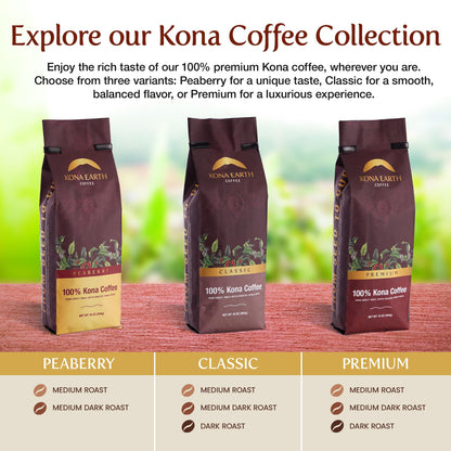 KONA EARTH - Peaberry, 100% Kona Coffee Beans, Whole Farm-Fresh Medium Roast Coffee Beans, Micro-Batch-Roasted, 1 lb., Pack of 1