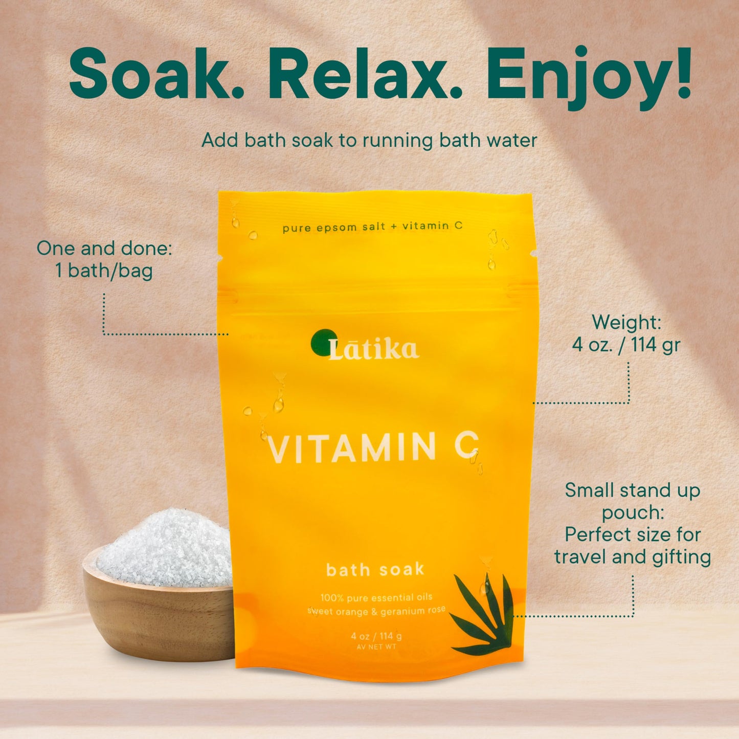 Latika Soaks Set of 3 - Vitamin C Bath Soaks with Sweet Orange and Geranium Rose - Moisturizing Epsom Salt Soaks for Stress Relief, Detox, and Antioxidant Skincare - at Home Spa Retreat