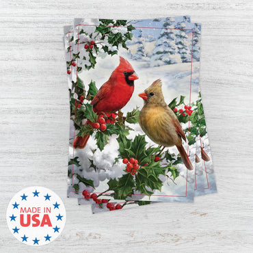 Masterpiece Cardinal Couple Christmas Cards / 16 Festive Holiday Cards With Coordinating White Envelopes Set / 5 5/8" x 7 7/8" Winter Cardinals Greeting Cards With Inside Verse/Made In The USA