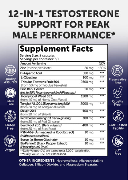 Lunakai USA Made Natural Testosterone Booster for Men with Tongkat Ali, Ashwagandha & Shilajit - Testosterone Supplement for Strength, Energy & Stamina, 60ct