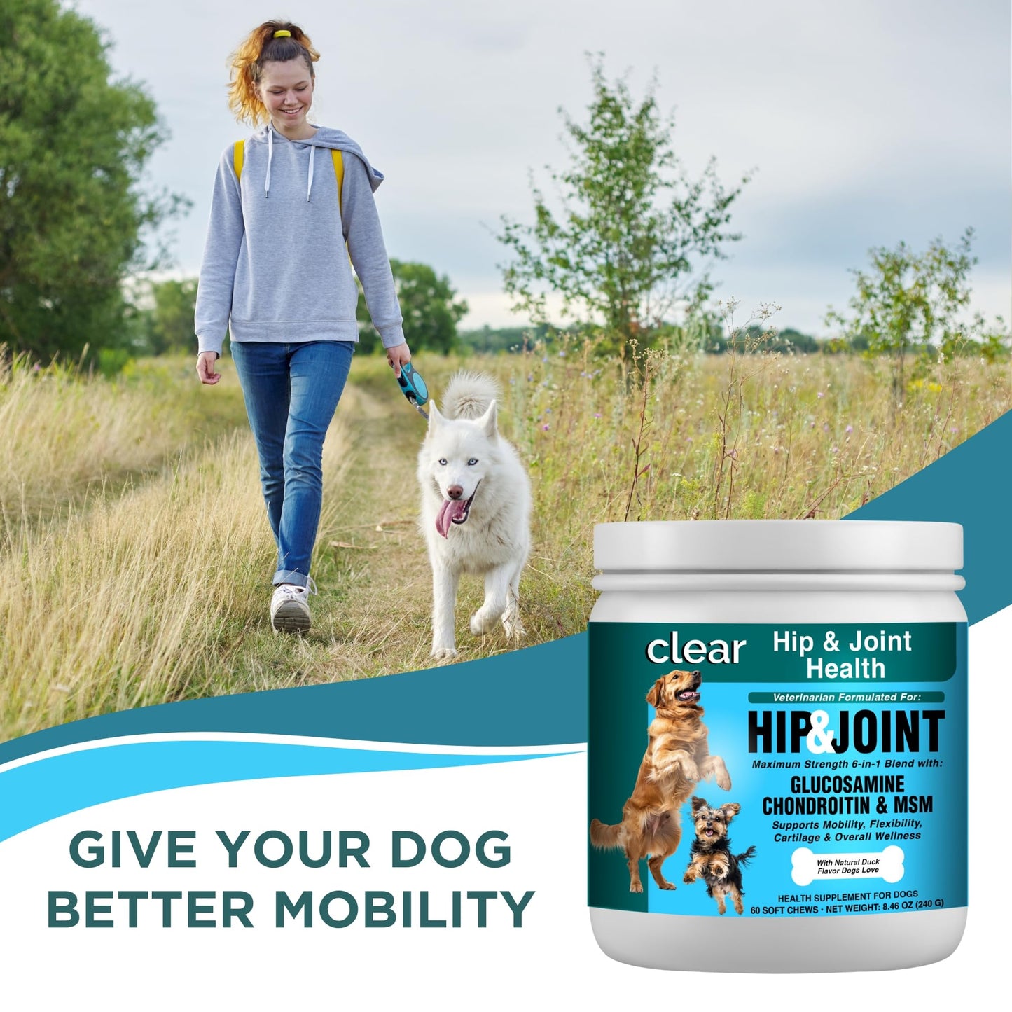 Glucosamine for Dogs Hip and Joint Supplement - Chondroitin, MSM, Green-Lipped Mussel - Clear Hip & Joint - Advanced Mobility Cartilage Support, Bone Health - Tasty Chews - Made in USA