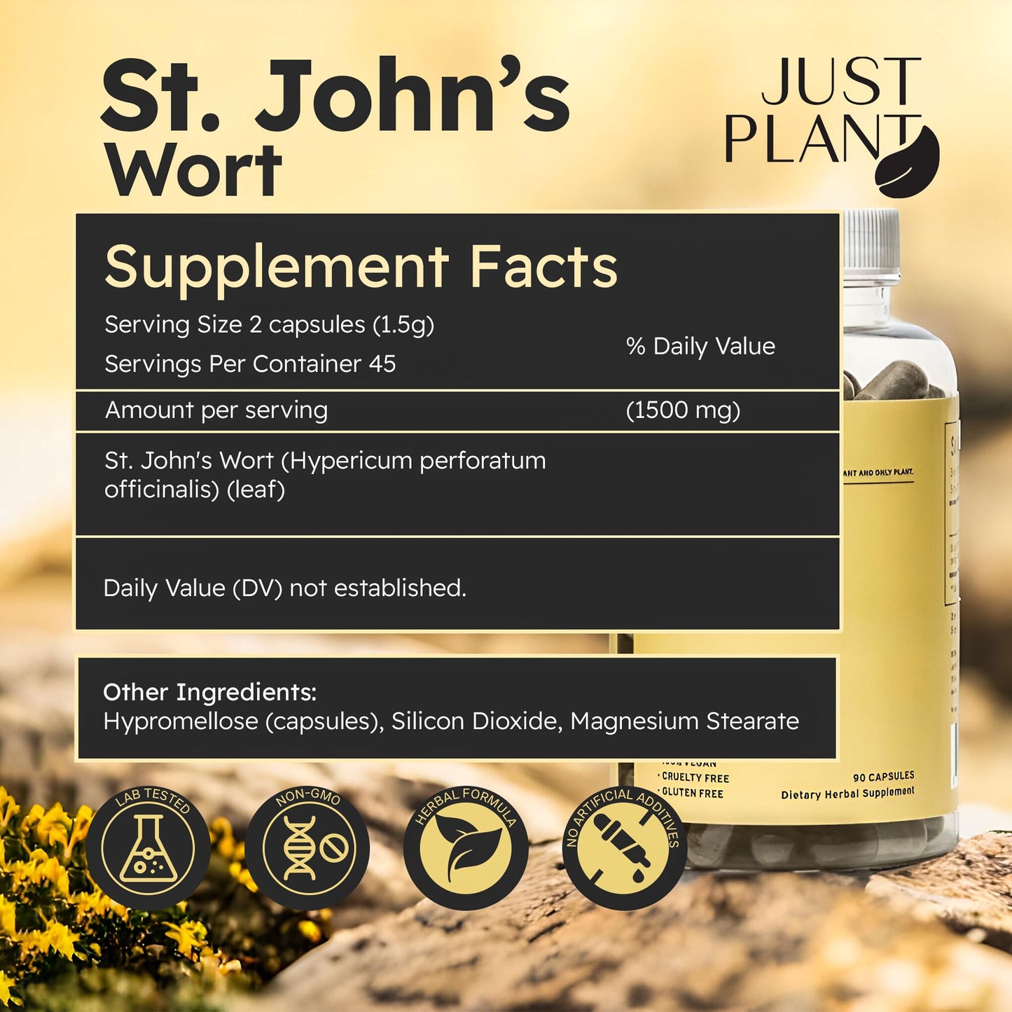 Just Plant St. John’s Wort Supplement 750 mg, 90 Vegan Capsules with Hypericum Perforatum Extract Herbal Mood & Stress Support Gluten-Free, Non-GMO