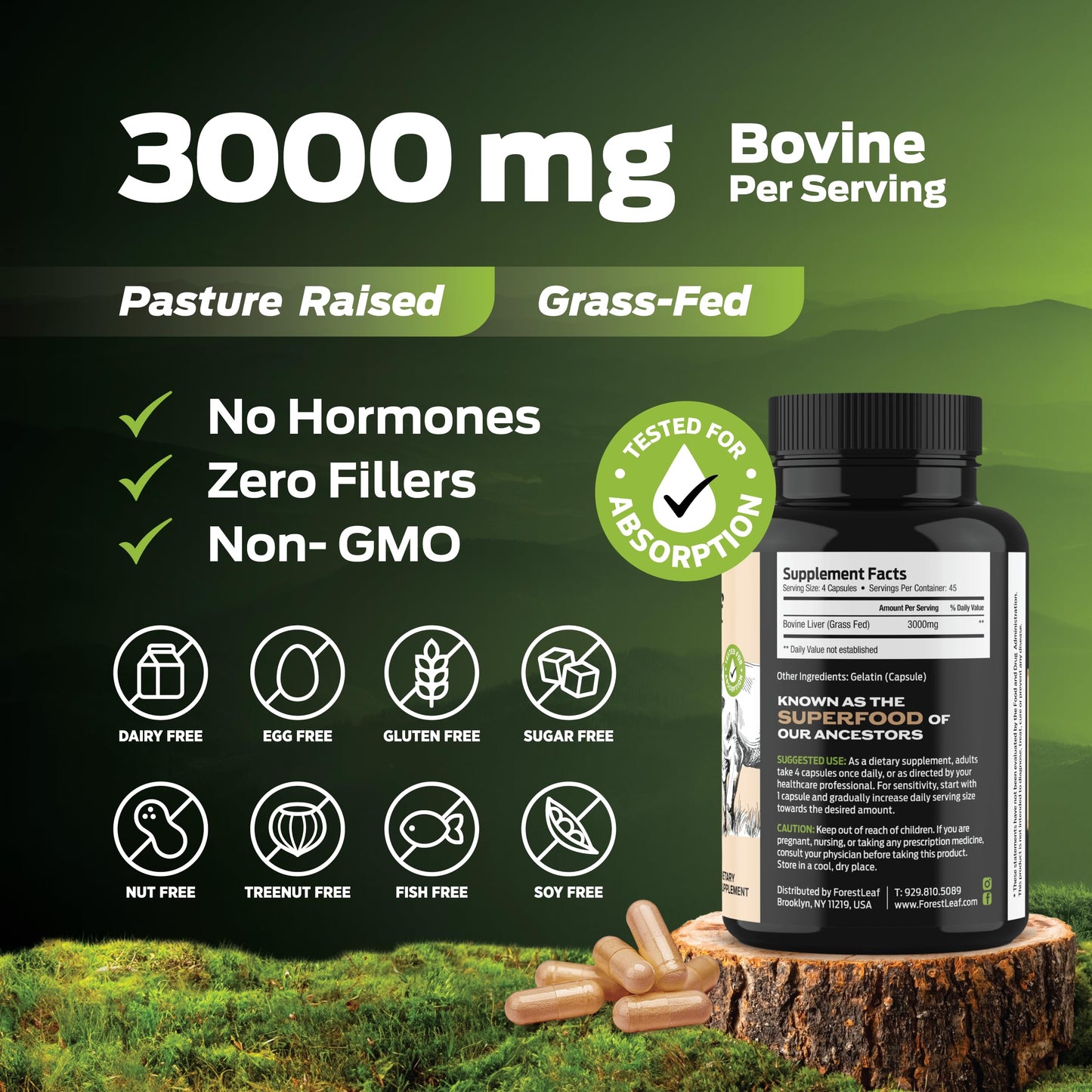 ForestLeaf Grass Fed Beef Liver Capsules, 3000mg Per Serving, Supports Full Immunity & Body Wellnes, Cleansing, Digestion, Natural Iron, Vitamin A and B12, Freeze Dried Beef Liver Supplement, 180 Caps