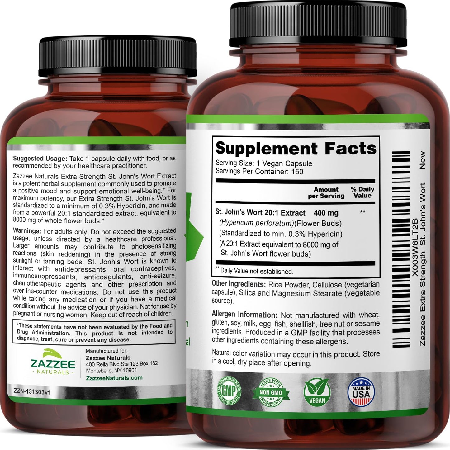 Zazzee Extra Strength St. John’s Wort 20:1 Extract, 8000 mg Strength, 0.3% Hypericin, 150 Vegan Capsules, 5 Month Supply, Concentrated, Standardized 20X Extract, 100% Vegetarian, Non-GMO, All-Natural