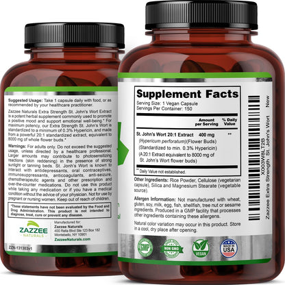 Zazzee Extra Strength St. John’s Wort 20:1 Extract, 8000 mg Strength, 0.3% Hypericin, 150 Vegan Capsules, 5 Month Supply, Concentrated, Standardized 20X Extract, 100% Vegetarian, Non-GMO, All-Natural