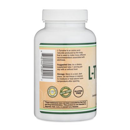 L-Tyrosine 1,000mg per Serving, 120 Veggie Capsules (L Tyrosine Supplement for Memory, Attention, and Focus) Amino Acid, Vegan Safe, Non-GMO by Double Wood