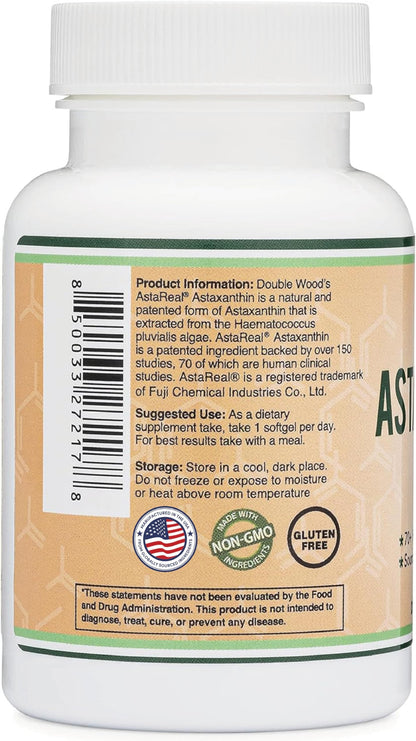 Astaxanthin 12mg Max Strength (AstaReal: Natural Patented Astaxanthin with 70+ Human Clinical Trials - World's Most Studied Brand) Grown, Harvested, and Made in The USA (Astaxantina) by Double Wood
