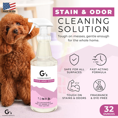 G's Cleaning Biodegradable Stain & Odor Remover Spray – 32 oz Pet Urine Enzyme Cleaner – Pet Odor Eliminator for Home – Cat & Dog Pee Carpet Cleaner – Stain Remover for Rug, Floor, Furniture, Mattress