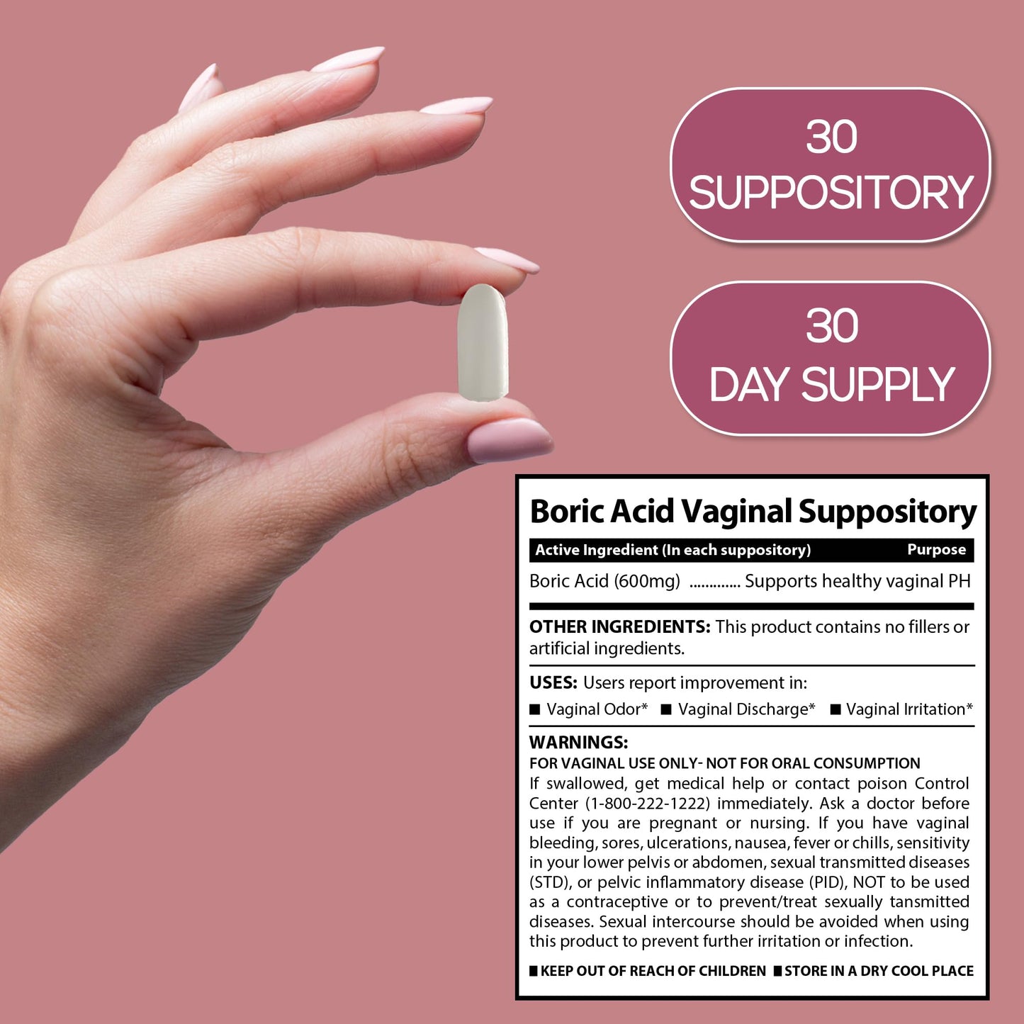 Boric Acid Suppositories for Women 600 mg, Pure Boric Acid pH Balance for Women & Vaginal Odor Control – 30 Suppositories, Made in USA