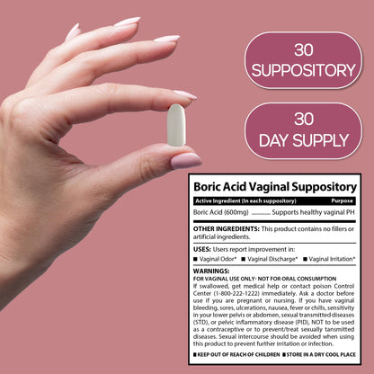 Boric Acid Suppositories for Women 600 mg, Pure Boric Acid pH Balance for Women & Vaginal Odor Control – 30 Suppositories, Made in USA