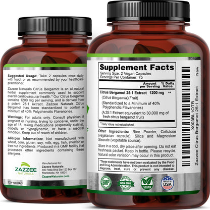 Zazzee Extra Strength Citrus Bergamot 25:1 Extract, 1200 mg per, 40% Polyphenolic Flavanones, 150 Vegan Capsules, Concentrated and Standardized 25X Potency, Non-GMO and All-Natural, Made in The USA