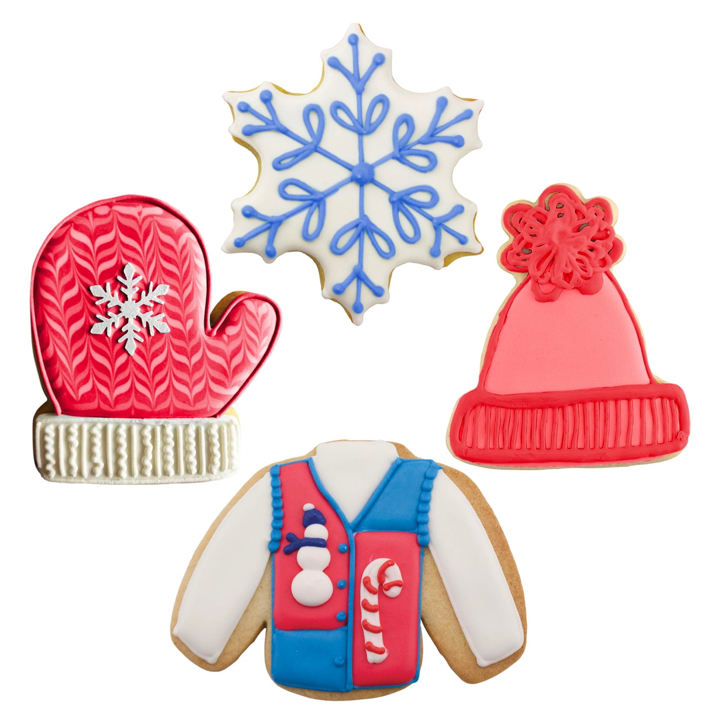 Winter and Christmas Cookie Cutters 4-Pc Set Made in USA by Ann Clark, Snowflake, Sweater, Mitten, Winter Hat