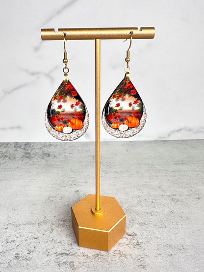 Fall Earrings for Women Autumn Lightweight Teardrop Pumpkin Thanksgiving Jewelry Dangle Fun Colorful Statement Handmade The Painted Pug (Fall Scene)