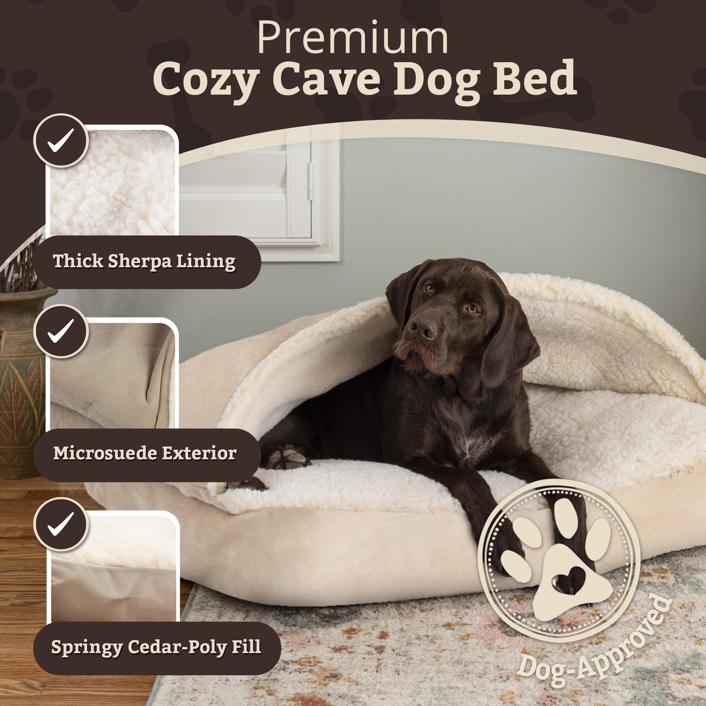 Snoozer Pet Products Luxury Rectangle Cozy Cave Dog Bed with Microsuede, Small, Buckskin