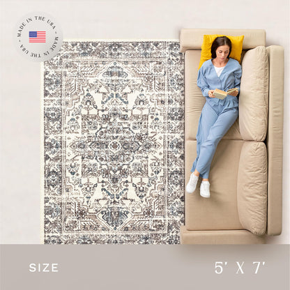 Maples Rugs Distressed Tapestry Vintage Area Rugs Carpet for Living Room & Bedroom [Made in USA], 5 x 7, Neutral