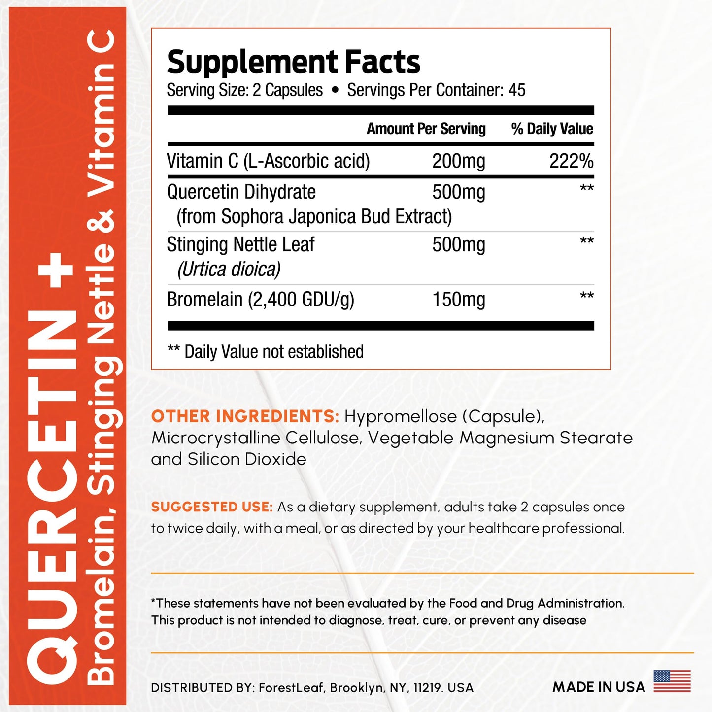 ForestLeaf Quercetin with Bromelain 1350mg - Blend with Vitamin C & Stinging Nettle Supplement, Quercetin 500mg Capsules, Non-GMO Gluten Free, Natural Immune & Respiratory Function, 90 Veggie Caps