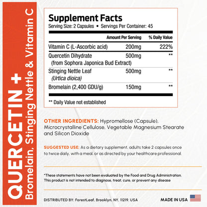 ForestLeaf Quercetin with Bromelain 1350mg - Blend with Vitamin C & Stinging Nettle Supplement, Quercetin 500mg Capsules, Non-GMO Gluten Free, Natural Immune & Respiratory Function, 90 Veggie Caps