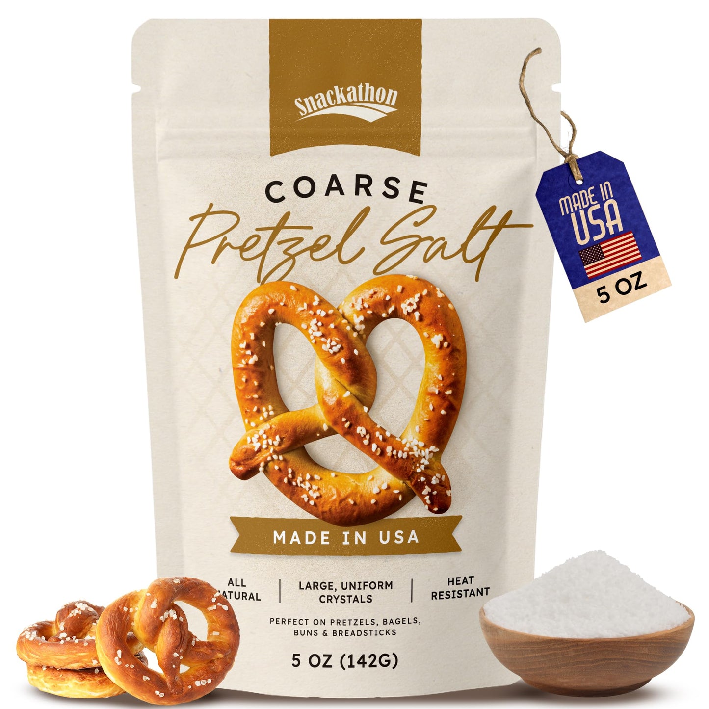Snackathon Coarse Pretzel Salt, Heat Resistant Large Crystals, 5 oz Resealable Bag, Made in USA, All-Natural Topping for Soft Pretzels, Bagels & Breads