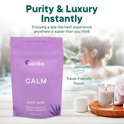 Latika Soaks Set of 3 - Calm Bath Soaks with Lavender & Peppermint, Moisturizing Epsom Salt Soak for Stress Relief, Relaxation, and Skin Nourishment, at-Home Spa Retreat Gift