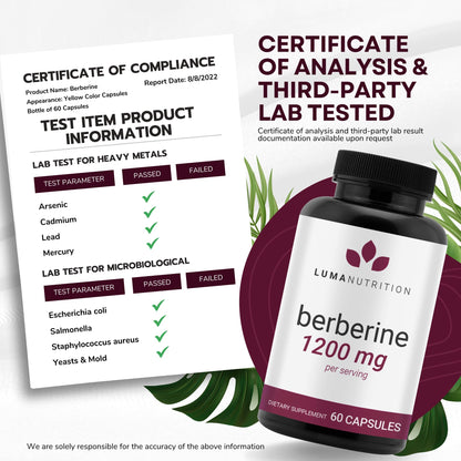 Luma Nutrition Berberine Supplement - Berberine HCL 1200mg Per Serving - Vegan, Gluten Free, Non-GMO - 60 Capsules