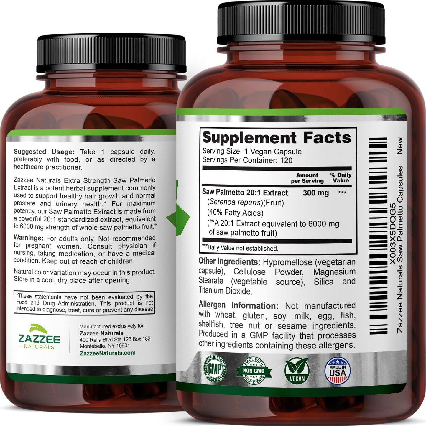 Zazzee Extra Strength Saw Palmetto 20:1 Extract, 6000 mg Strength, 40% Fatty Acids, 120 Vegan Capsules, 4 Month Supply, Concentrated and Standardized 20X Extract, Non-GMO, All-Natural, Made in the USA