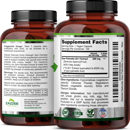 Zazzee Extra Strength Saw Palmetto 20:1 Extract, 6000 mg Strength, 40% Fatty Acids, 120 Vegan Capsules, 4 Month Supply, Concentrated and Standardized 20X Extract, Non-GMO, All-Natural, Made in the USA