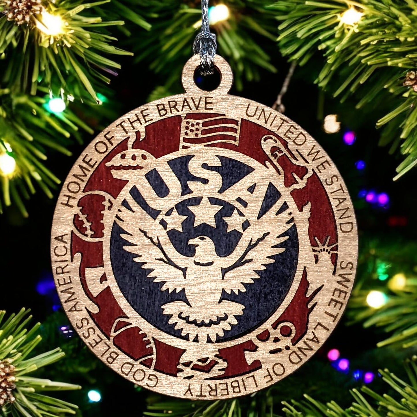 Patriotic USA Christmas Ornament - 3" Wood Eagle Design with American Icons, Handmade in Oregon