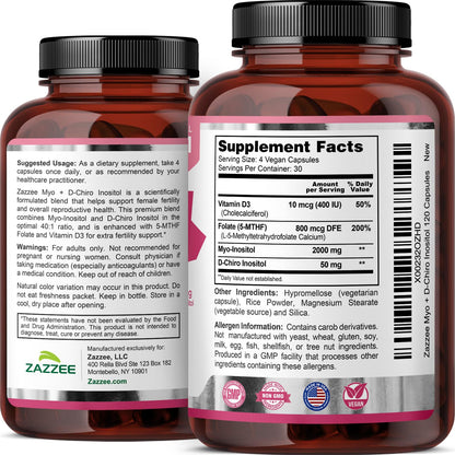Myo and D-Chiro Inositol Supplement for Women - Fertility Supplement for Women with Ideal 40:1 Ratio Myo & D-Chiro Inositol D3 & Methylfolate Ovarian Support Vitamins - ISO Lab Tested (30 Servings)