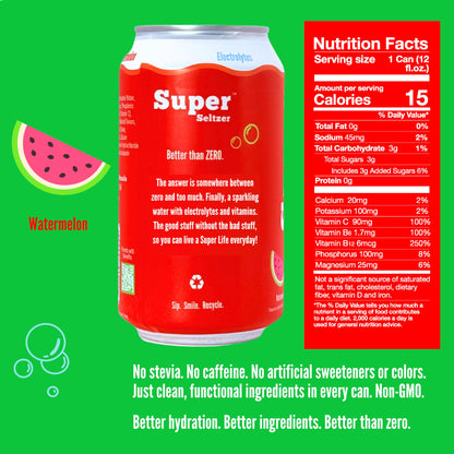 Super Seltzer Sparkling Water with Electrolytes and Vitamins, Watermelon Naturally Flavored, 12 Fl Oz, Pack of 12 cans