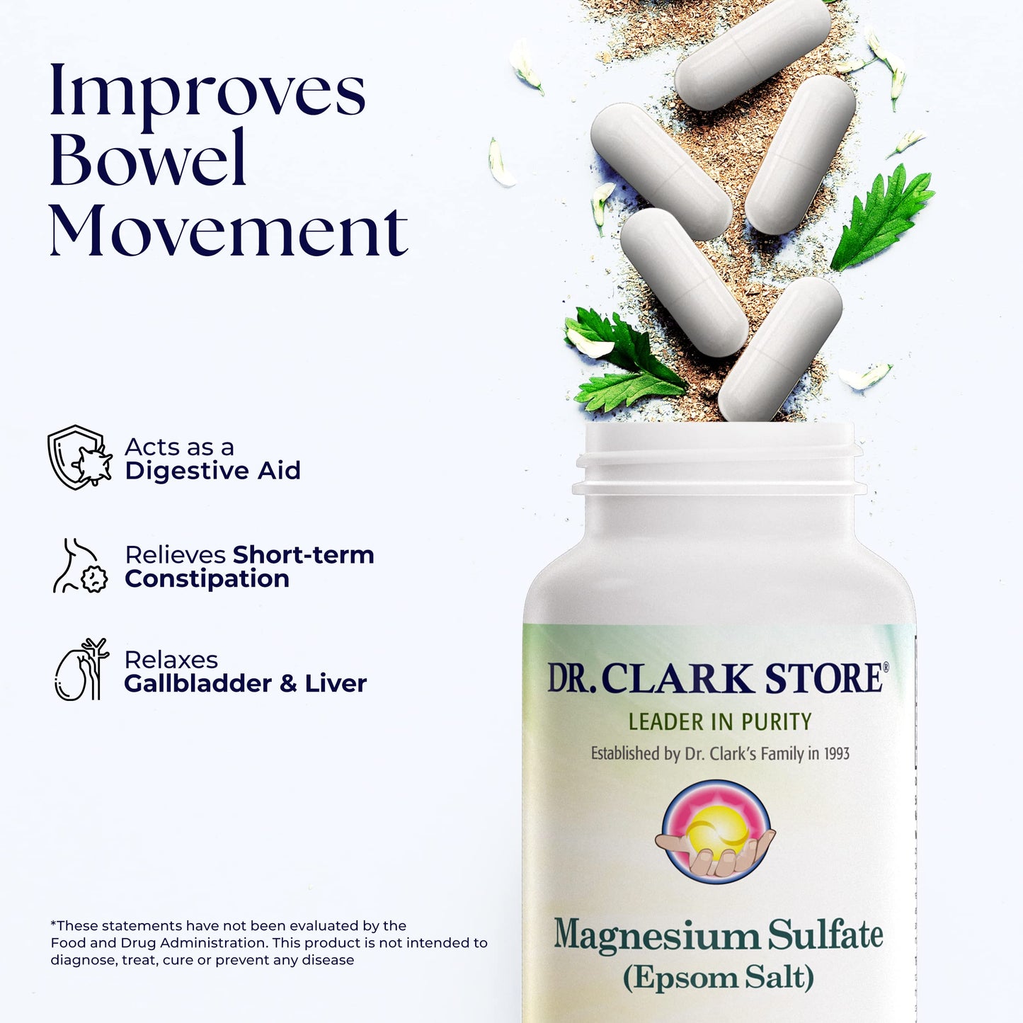 Dr. Clark Magnesium Sulfate USP (Epsom Salt) - 1030 mg, Magnesium Supplement for Constipation, Liver and Gallbladder Cleanse, 100 Gelatin Capsules