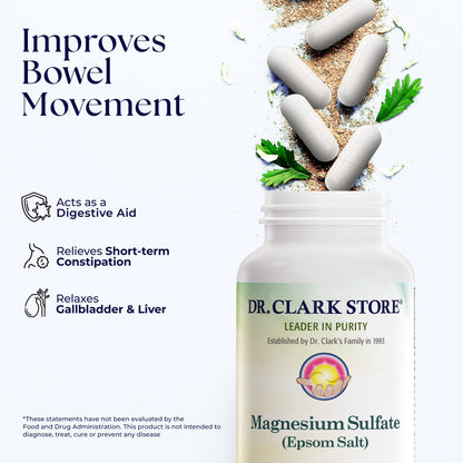 Dr. Clark Magnesium Sulfate USP (Epsom Salt) - 1030 mg, Magnesium Supplement for Constipation, Liver and Gallbladder Cleanse, 100 Gelatin Capsules