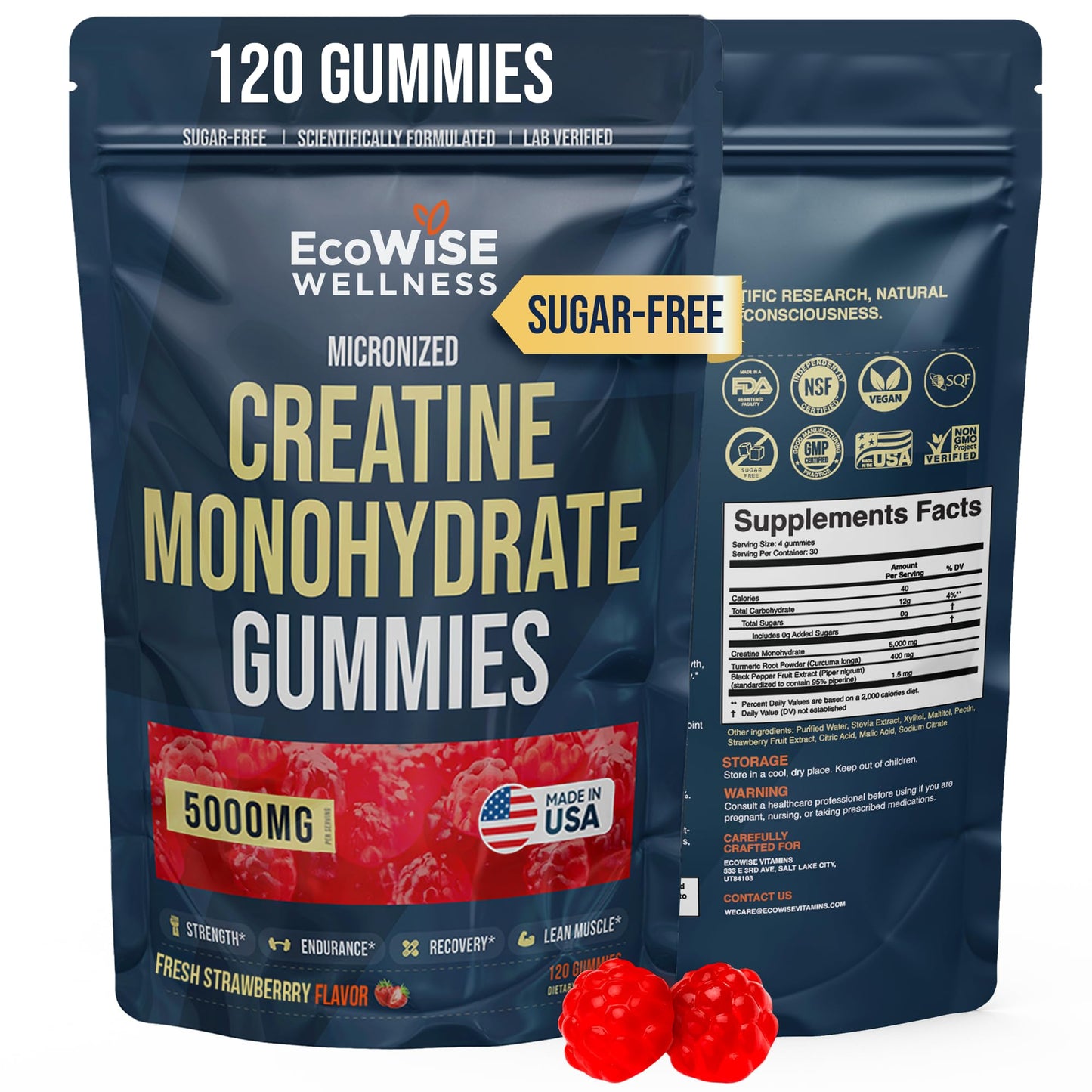 EcoWise Wellness Creatine Monohydrate Gummies 5000 mg, Fresh Strawberry Flavor, 120 Sugar-Free Vegan Chews, Creatine Supplement for Daily Routine